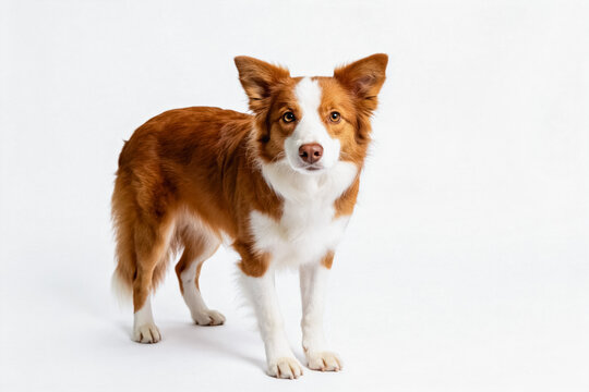 A brown and white purebred dog stands attentively against a plain white studio background, typical of a Border Collie breed.