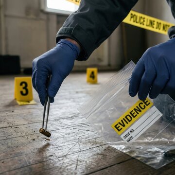 Crime Scene Investigation Forensics collecting evidence bullet casing with tweezers police tape markers evidence bag