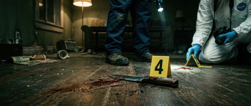 Crime Scene Investigation Forensics team examining evidence knife and bloodstains on wooden floor evidence markers