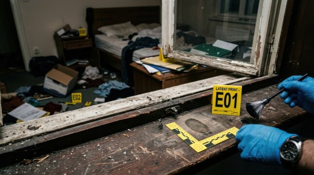 Crime Scene Investigation Forensics team examining evidence in a ransacked bedroom fingerprint analysis evidence markers