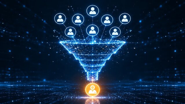 Digital sales funnel concept showing network of user icons filtering into single glowing conversion