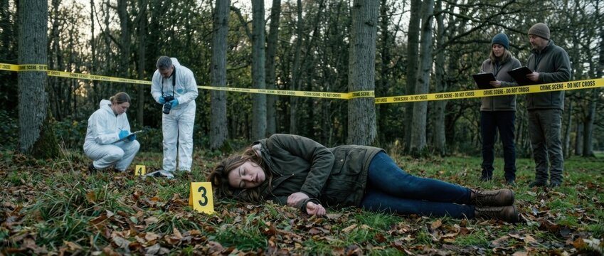 Crime Scene Investigation Forensic Team Examines Unconscious Woman in Woods
