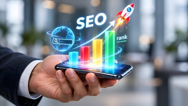 Search engine optimization concept with hand holding smartphone displaying glowing SEO text ascending chart and launching rocket
