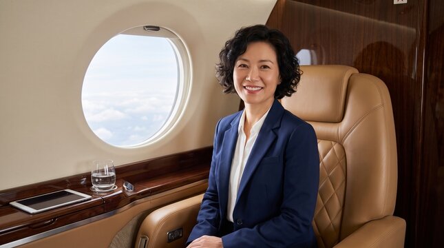 Successful Asian businesswoman sitting in a private jet cabin during