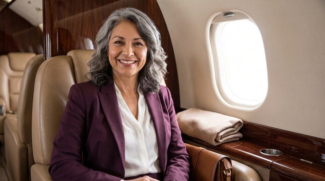 Successful businesswoman smiling while sitting in a private jet cabin