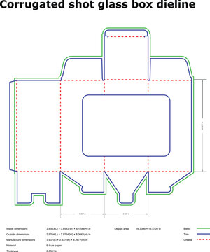 Corrugated shot glass box dieline template with trim, bleed, and crease lines, including technical dimensions and e-flute paper specifications