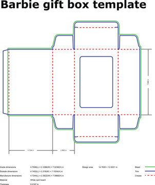 Die-cut box template with window, technical with bleed, trim, and crease lines, dimensions, and white card board specifications