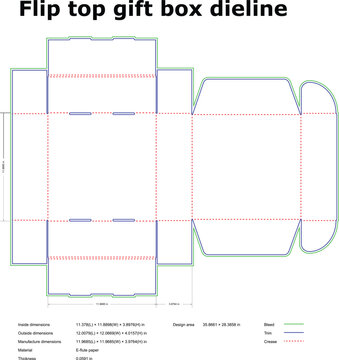 Flip gift box dieline template with dimensions, including bleed, trim, and crease lines for packaging manufacturing