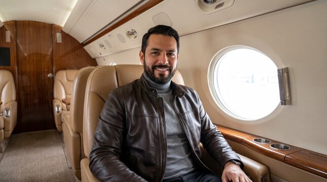 Successful businessman sitting in a private jet cabin during a luxury
