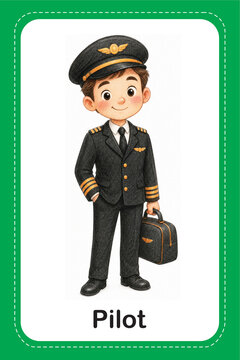 Pilot flashcard for kids, cartoon airline pilot in uniform with suitcase, English vocabulary learning card, jobs and professions for kids