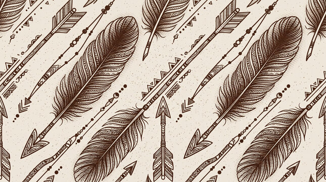 Vintage Hand Drawn Arrow and Feather Seamless Background
