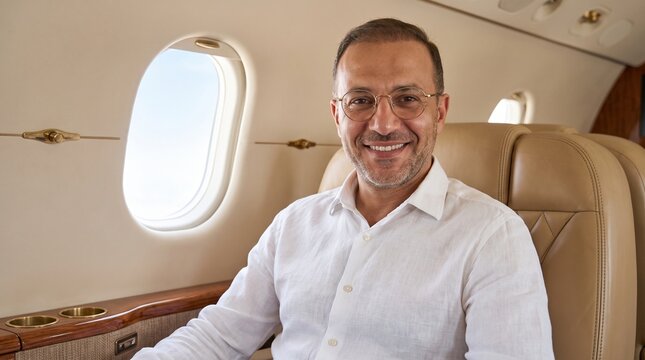Middle aged man smiling while sitting in a luxury private jet cabin