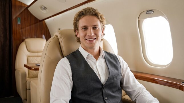 Successful businessman sitting in a private jet cabin during a luxury