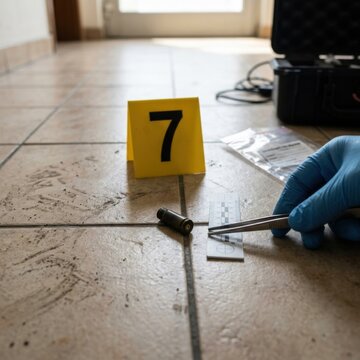 Crime Scene Investigation Forensic Evidence Collection of Bullet Casing with Tweezers and Marker