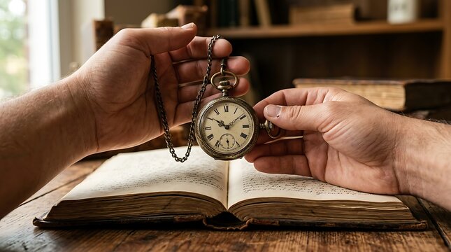 Old Pocket Watch Held Over Open Book by Two Hands
