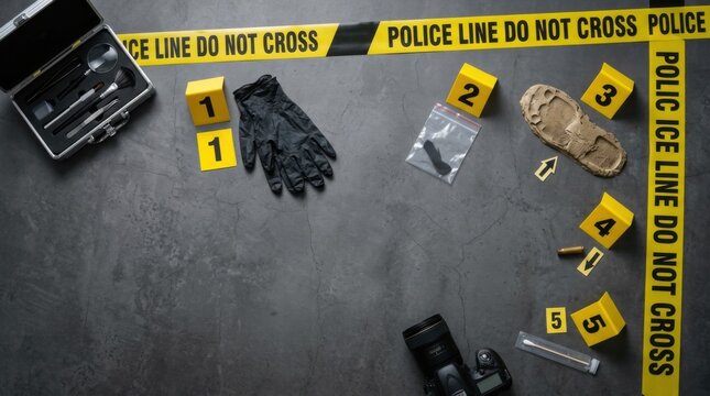 Crime Scene Investigation Evidence Markers Gloves Bullet and Footprint on Dark Textured Surface