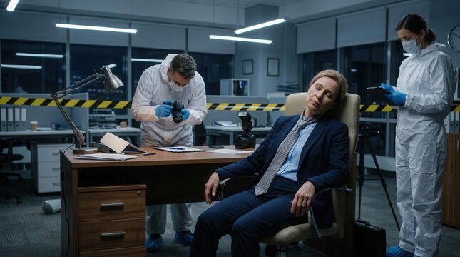 Crime Scene Investigation Detective Falls Asleep at Desk While Forensics Team Works in Office