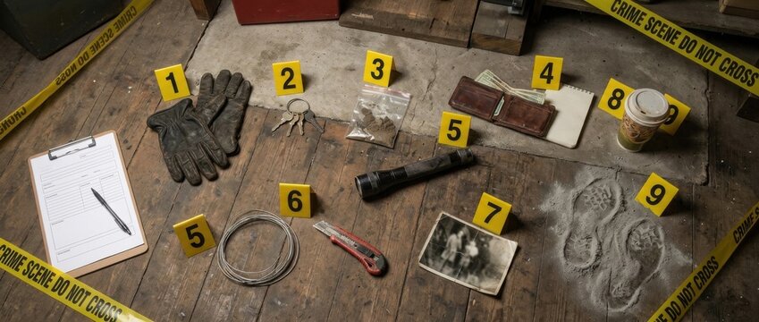 Crime Scene Investigation Evidence Markers Gloves Flashlight Wallet Knife Photo Footprints on Wooden Floor