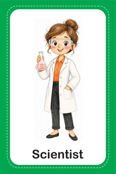 Scientist flashcard for kids, cartoon scientist in lab coat holding test tube, English vocabulary learning card, jobs and professions for kids