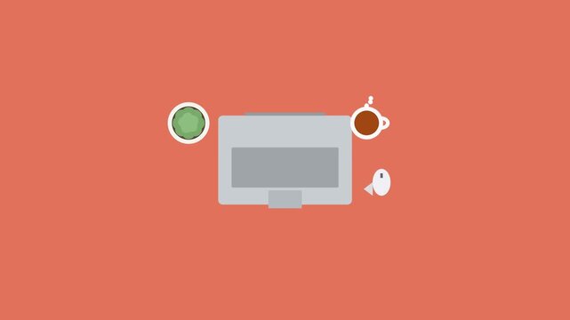 Bouncy Workspace Animation: A flat 2D motion graphic featuring a stylized computer monitor, coffee cup, and office desk elements bouncing playfully against a vibrant coral background.