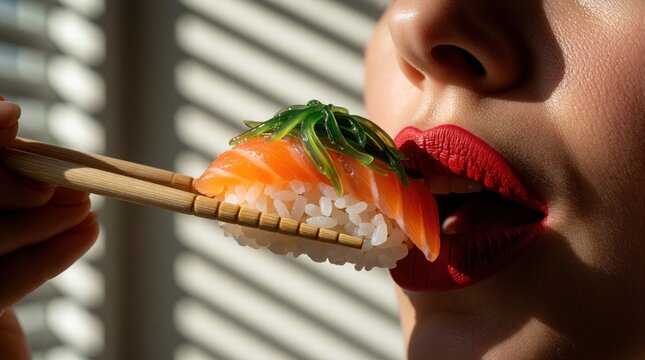 Close up of young woman with red lipstick eating salmon sushi nigiri. Female mouth opens wide to take bite with wooden chopsticks. Delicious japanese food meal with fresh fish, seaweed at home.