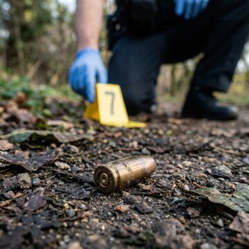 Crime Scene Investigation Bullet Casing Marked by Evidence Marker in Outdoor Forest Setting