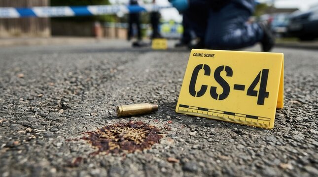 Crime scene investigation bullet casing and blood stain with evidence marker on asphalt road police activity in background