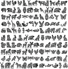 Obraz premium Floral animal vector clipart set in black silhouette style, combining animal shapes with botanical flower patterns, perfect for nature-inspired designs, wall art and papercraft projects.