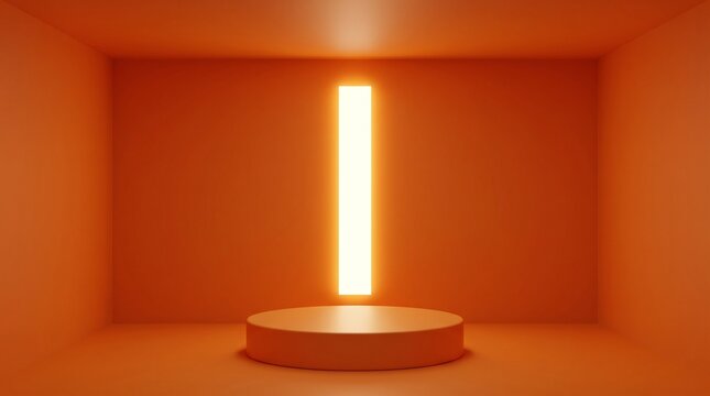 Warm orange studio room with glowing vertical light and round display podium
