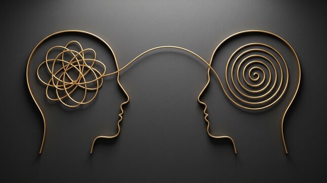 Concept of psychotherapy and mental health showing two human profiles with tangled and untangled thoughts