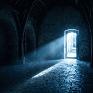 Dramatic light beam through an open door in a dark ancient stone room