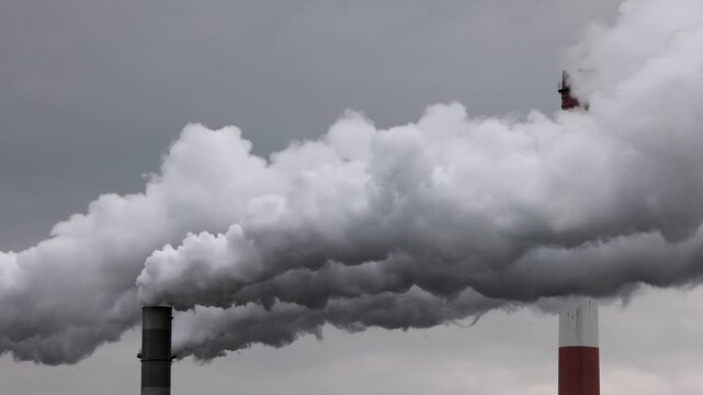 Pollution, industry, smoke pouring out of a factory chimney, Lenzing, Upper Austria, Austria