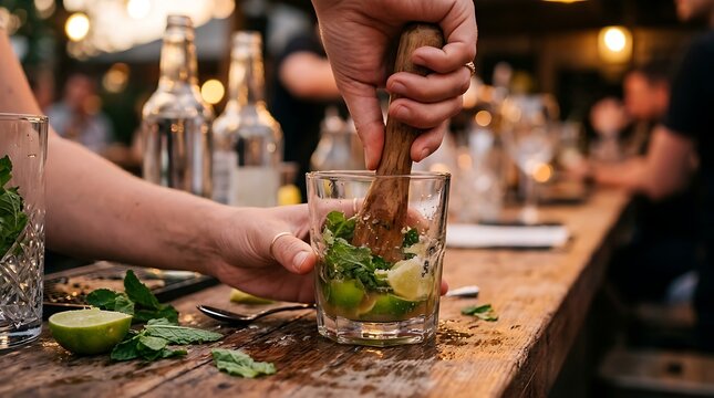 Mosaic of Hands Muddling Mint Lime Cocktail at Rustic Bar