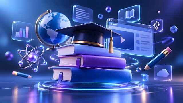 Graduation cap on stack of books with globe atom model and digital learning icons symbolizing education knowledge and online study