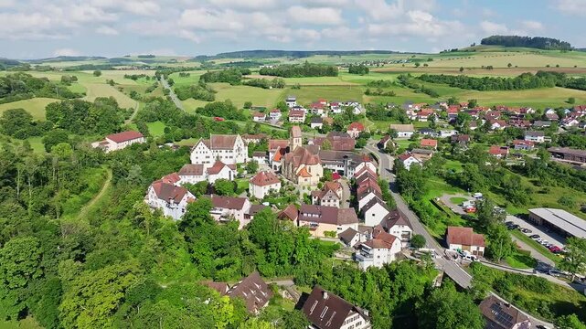 Aerial view of flower field, district of the southern Baden town of Tengen with flower field Castle and the parish church of St Michael, Hegau, district of Constance, Baden-W&uuml;rttemberg, Germany