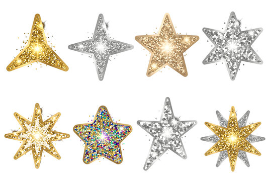 Glittering star shapes with sparkling texture in assorted metallic hues during a festive celebration isolated on transparent background