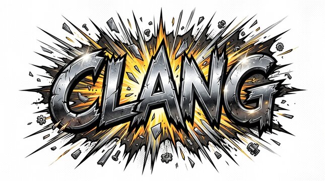 Comic book style metallic text effect with a loud bang explosion.