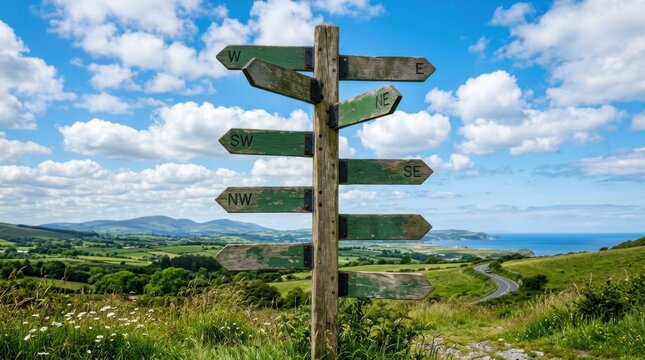 Rustic Signpost with Multiple Directions in Scenic Rural Landscape under Blue Sky