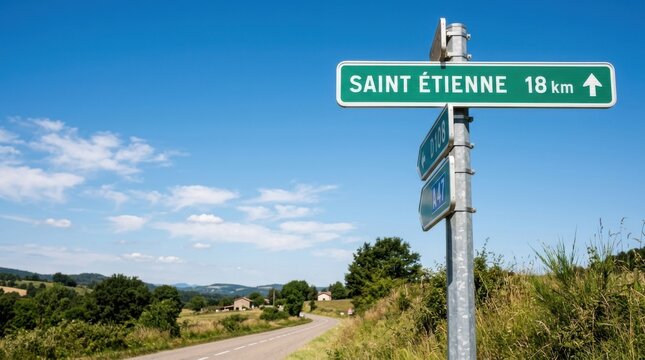 Road sign for Saint &Eacute;tienne France with rolling hills and blue sky in the background