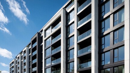 Fototapeta premium Modern multi story apartment building with large windows, glass balconies. Luxury residential complex facade features contemporary architecture, white concrete walls. New urban housing estate rises