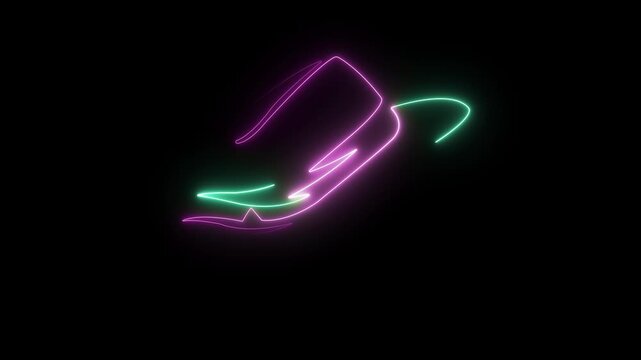 Dual neon line of a stylized hand and hat in green and pink on black