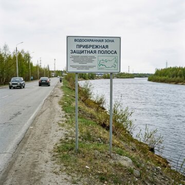 Roadside sign for protected water zone and riparian buffer strip next to a river and highway
