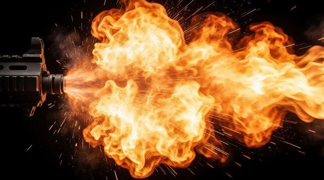 Powerful muzzle flash from automatic rifle weapon. Large orange fire burst, bright flames erupt from gun barrel. Intense explosive energy with smoke, sparks against black background. High speed