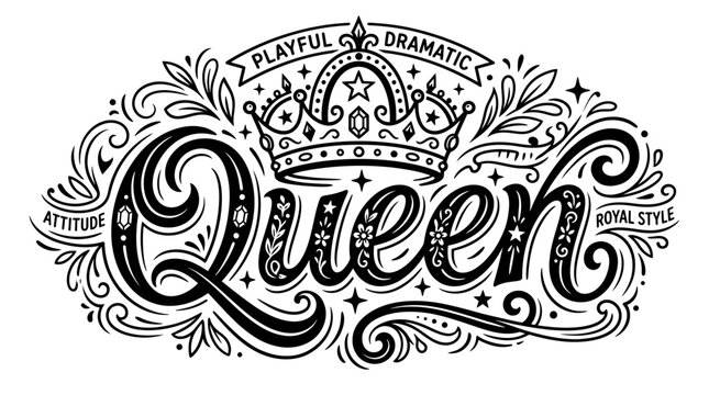 Queen Crown Typography with Decorative Flourishes