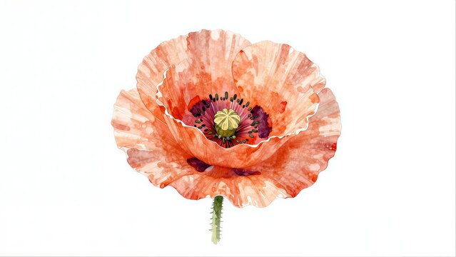 Watercolor poppy with soft orange petals and green stem against white background.