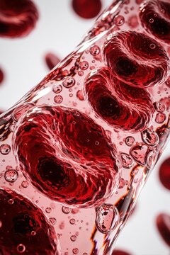 Microscopic view of red blood cells in plasma liquid. High concentration of potassium molecules causes hyperkalemia emergency. Science illustration shows electrolyte imbalance, cellular structure in
