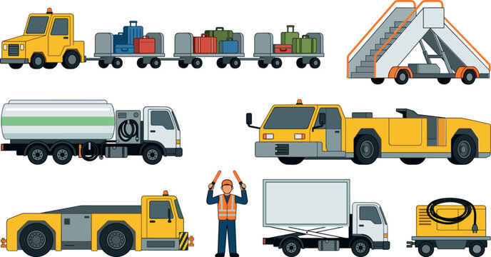 Airport Ground Support Equipment Vector Illustration Set Featuring Tug Tractor Passenger Stairs Fuel Truck Pushback Tractor and Marshaller Character Designs
