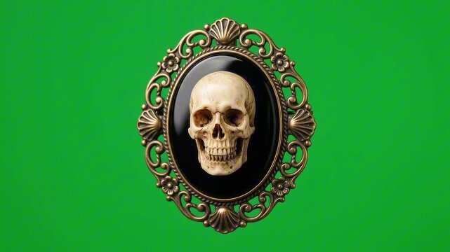 A macabre oval cameo featuring a human skull framed in ornate antique metal on a vibrant green background