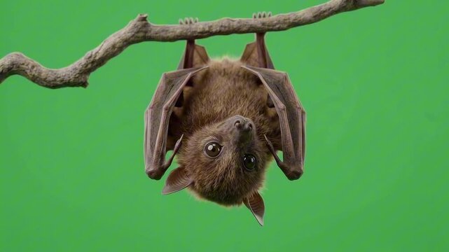 A small bat hangs upside down from a branch, with its wings tucked in, against a green background