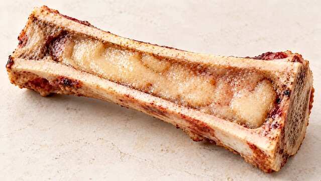 Single beef marrow bone split lengthwise isolated on neutral cream stone surface, pale rich marrow